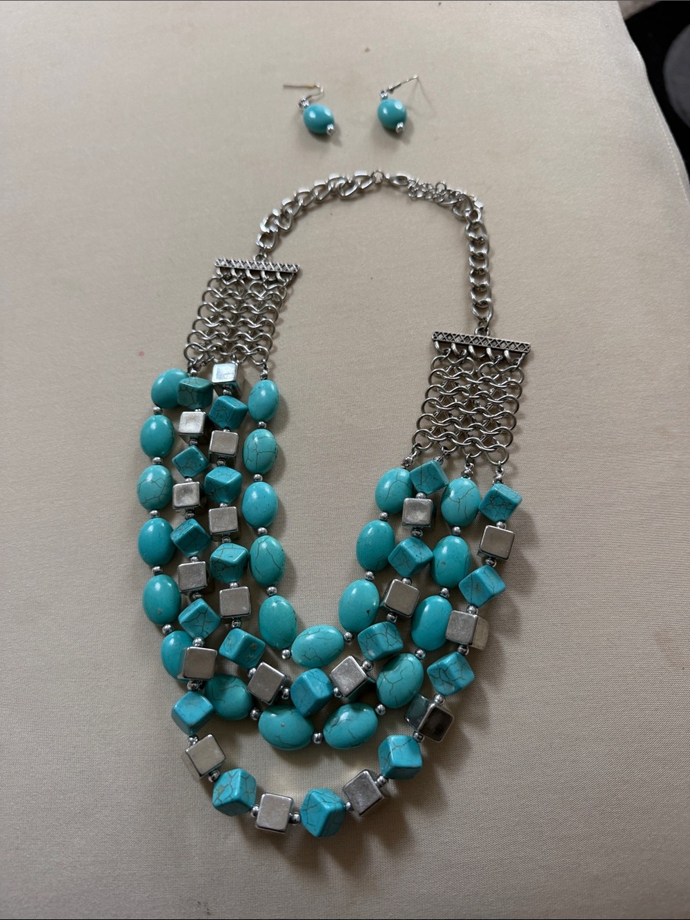 Turquoise Bead Multi-Strand Statement Necklace with Matching Earrings